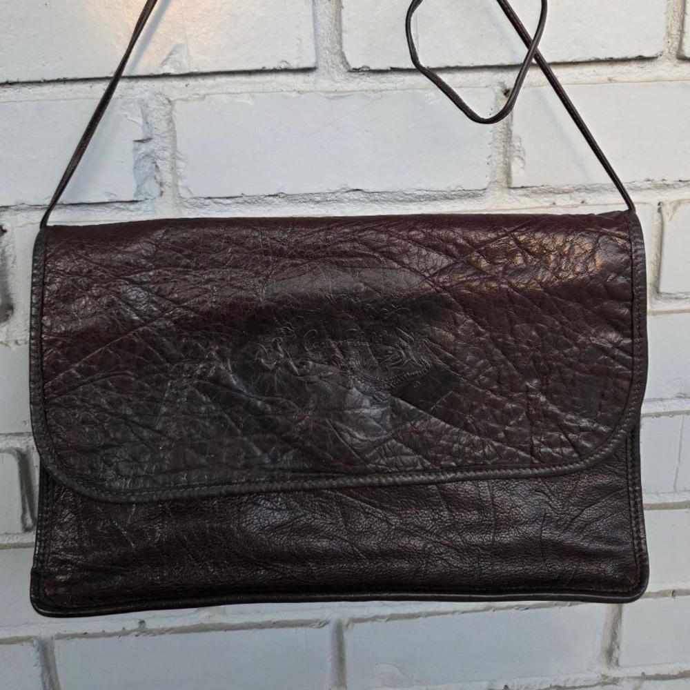 Vintage Carlos Falchi Brown Leather Crossbody Bag Embossed Boho 80s